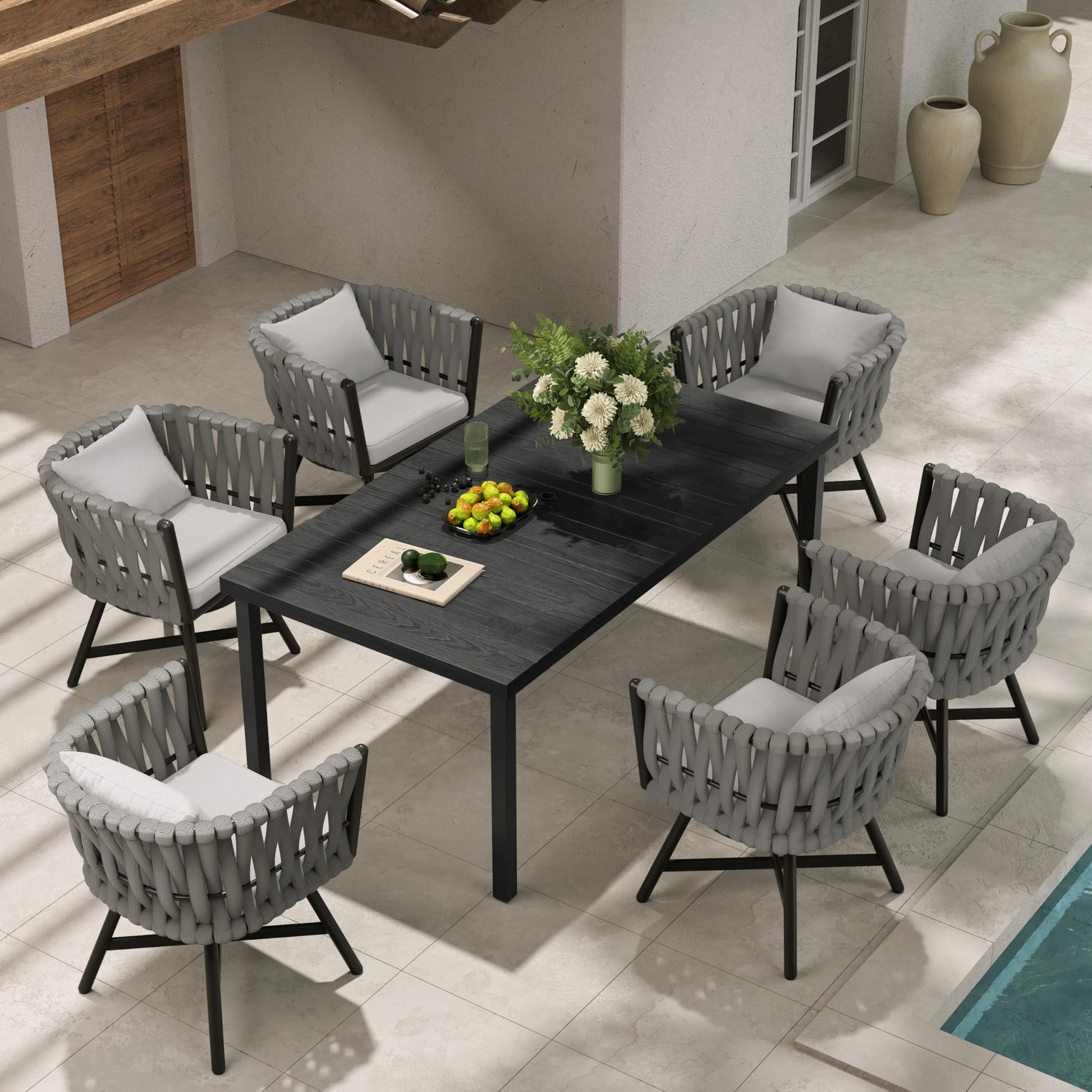 Grand patio 7-Piece Outdoor Dining Set for 6, Patio Dining Furniture Set for 6 Swivel Rope Wicker Chairs & 1 Straight Legs Rectangular Dining Faux Woodgrain Table with Umbrella Hole, Grey - WoodArtSupply