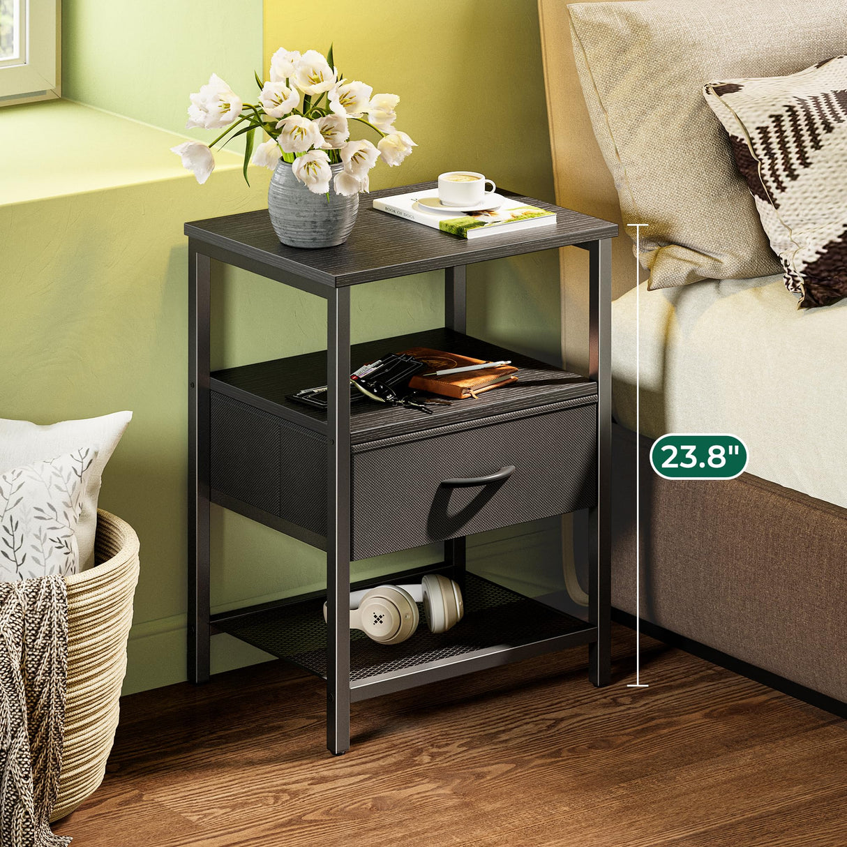 Huuger Nightstand Set of 2, Night Stand with Fabric Drawer, Mesh Shelf, Side Table with Storage, Fabric Drawer Dresser, Open Shelf, Metal Frame, Bedroom, Black Huuger