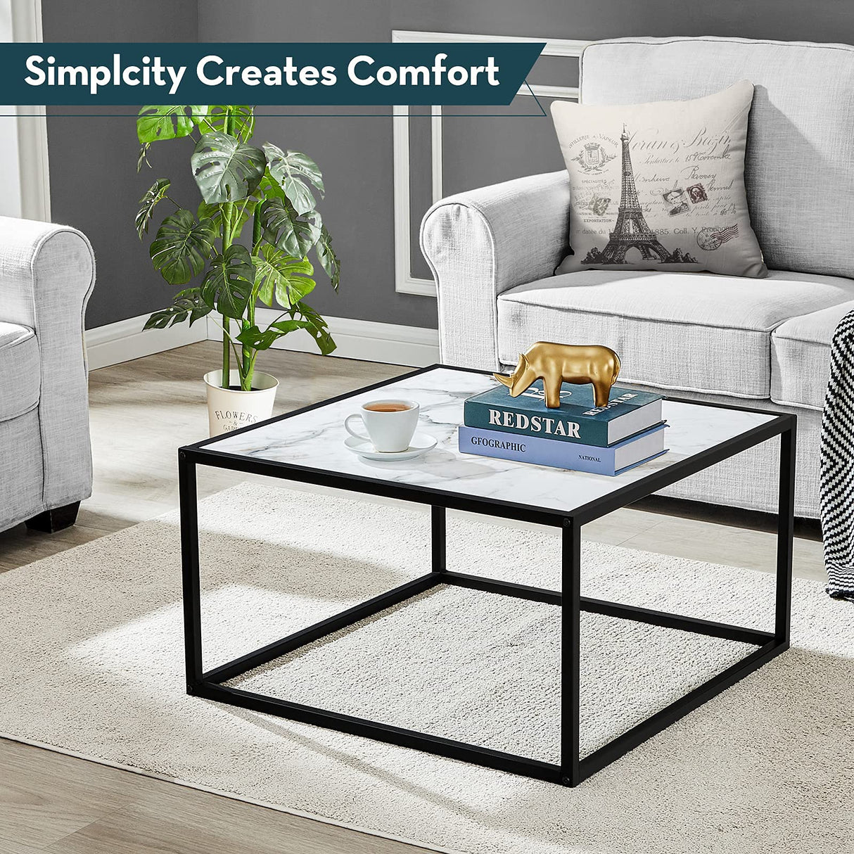 SAYGOER White Coffee Table,Small Square Coffee Table,Modern Center Table for Living Room Office 27.6 * 27.6 * 15.7 Inch, Easy Assembly, White Faux Marble Top SAYGOER