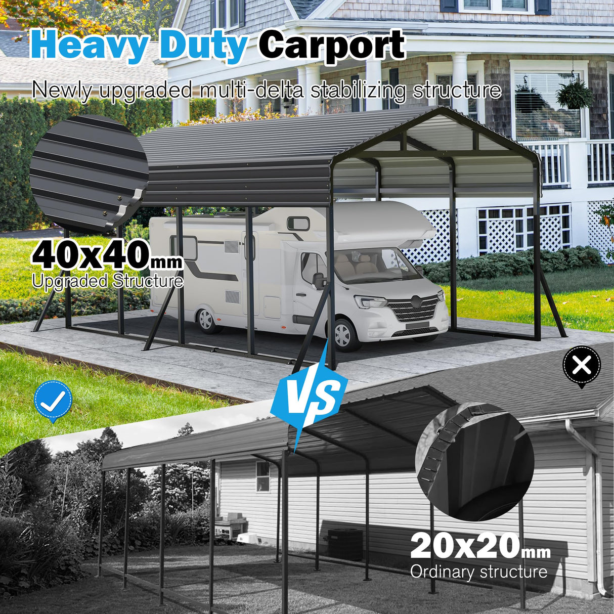 AirWire Carport Canopy 12’X20’ Heavy Duty Car Port Galvanized Steel Roof, Reinforced Stable Triangle Frame for Snowy Windy Metal Carports Enhanced Base Car Tent for Car,RV,Pickup,Boat,Truck,Tractor AirWire