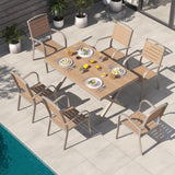 Patiorama 7 Pieces Patio Dining Set, Aluminum Outdoor Dining Set for 6, Patio Furniture Dining Set with Faux Woodgrain Rectangular Table and Stackable Chairs for Lawn Garden Backyard, Teakwood Brown Patiorama
