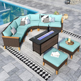 Sophia & William Patio Furniture Set with Fire Pit Table, 9 Piece Half Moon Outdoor Wicker Sectional Sofa Set, Rattan Conversation Set with 56-Inch Fire Pit Table & Ottoman (Aqua Blue) Sophia & William