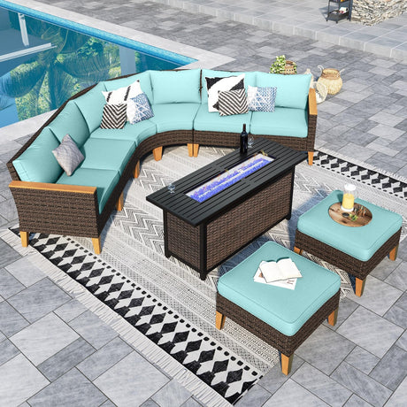 Sophia & William Patio Furniture Set with Fire Pit Table, 9 Piece Half Moon Outdoor Wicker Sectional Sofa Set, Rattan Conversation Set with 56-Inch Fire Pit Table & Ottoman (Aqua Blue) Sophia & William
