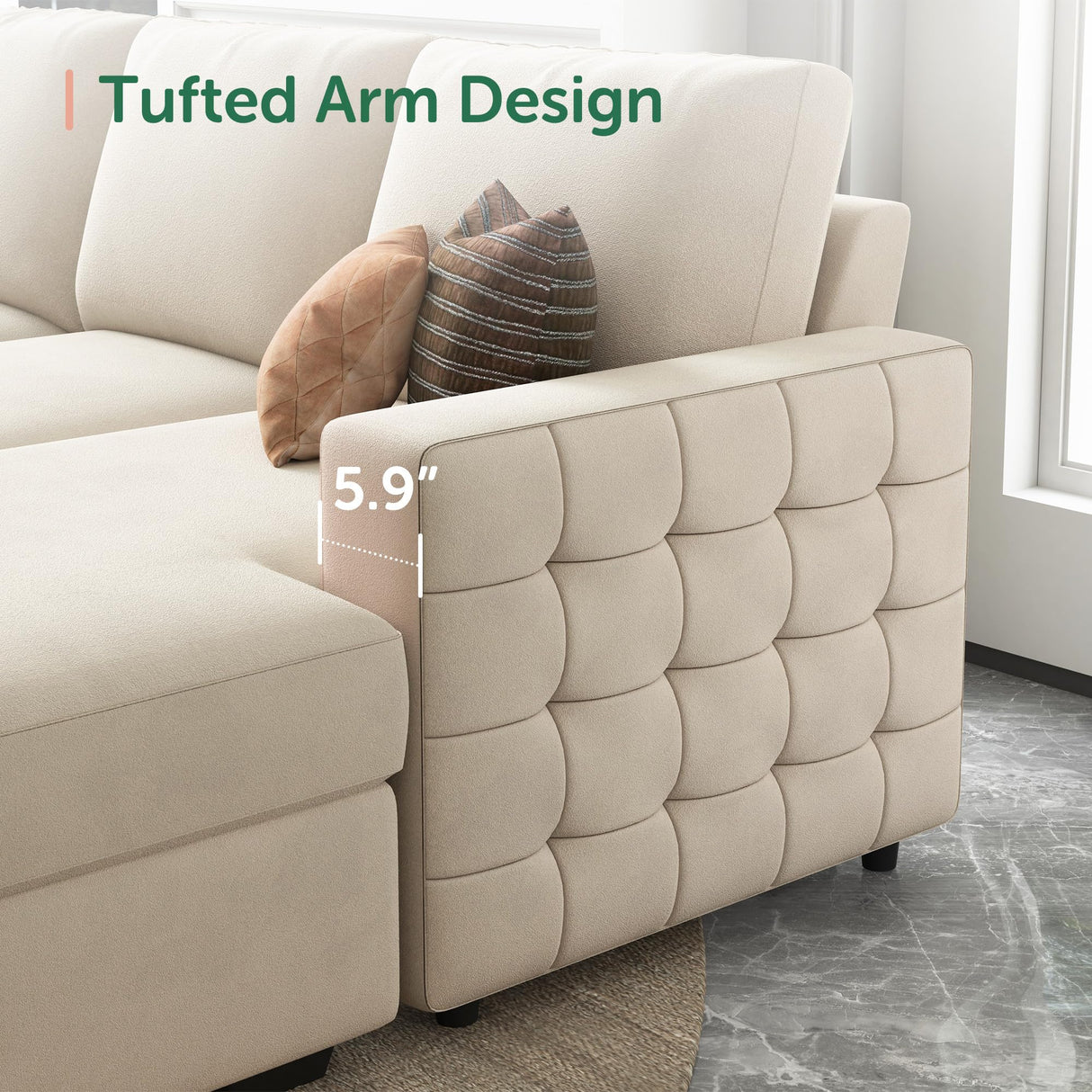 HONBAY Sectional Couch with Pull Out Bed, Sectional Sleeper Sofa with Storage, U Shape Sectional Couches for Living Room,Velvet Beige HONBAY