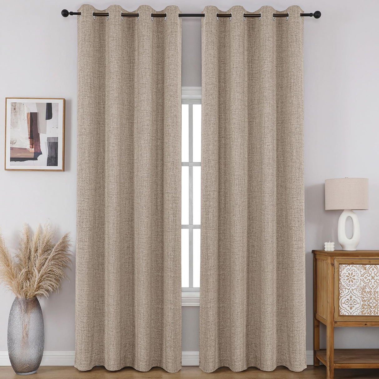 CUCRAF 100% Blackout Window Curtains 84 inches Long 2 Panels Set, Faux Linen Look Thermal Insulated Grommet Drapes, Room Darkening Curtain for Bedroom Living Room(W52 x L84 Inch, Light Khaki) CUCRAF