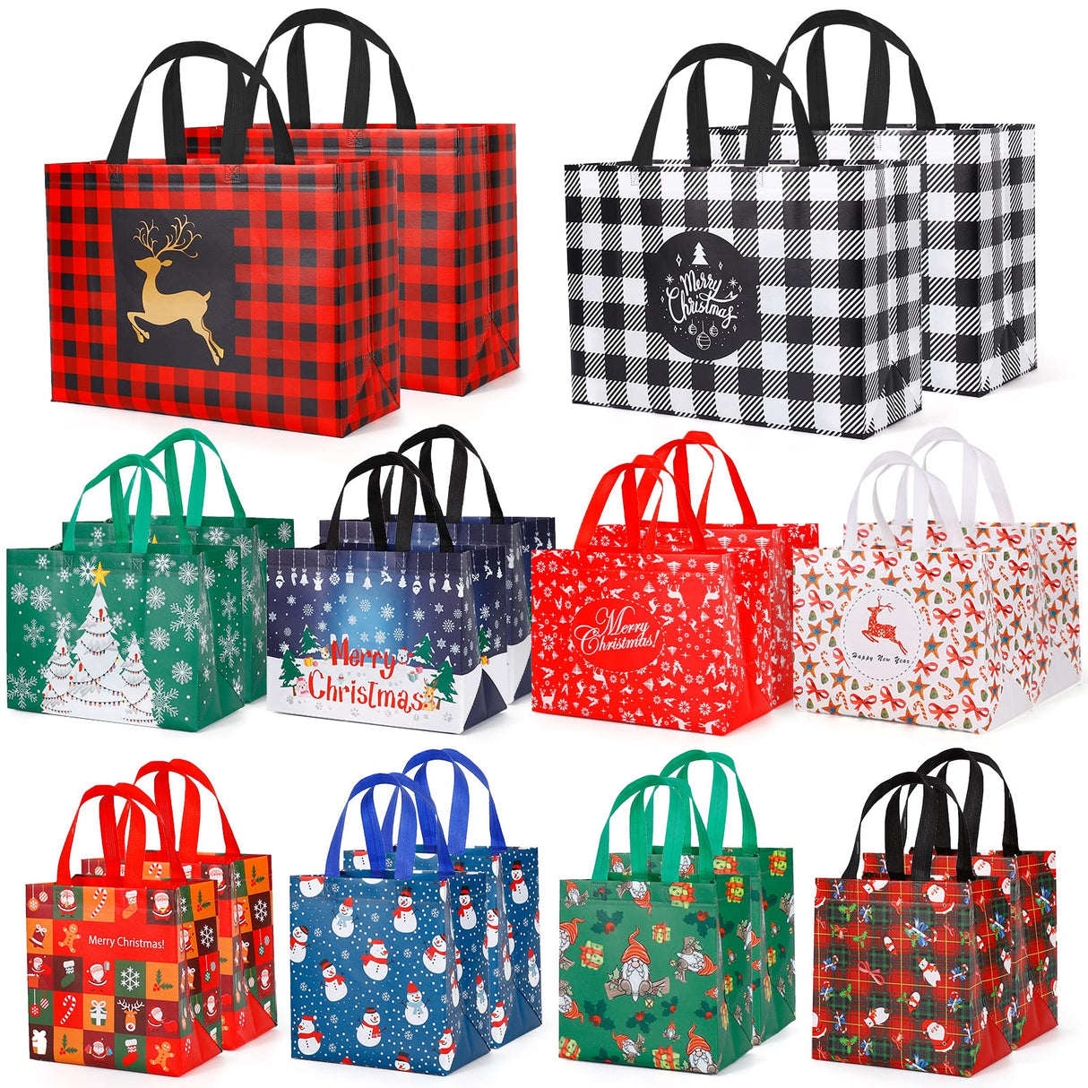 YANGTE 20 Pack Christmas Gift Bags Assorted Sizes, Reusable Tote Bags with Handle, Includes 4 Large 8 Medium 8 Small Non-Woven Christmas Bags for Xmas Party Favors YANGTE