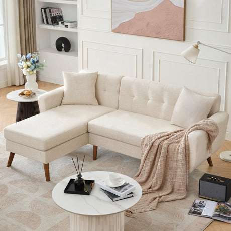 Kingfun 80" W L Shaped Couch Sofa, Mid-Century Modern Sectional Couches for Living Room, 3 Seat Couch with Wide Chaise Lounge & Two Pillows,Button Tufted Upholstered Sectional Sofa for Bedroom, Beige Kingfun