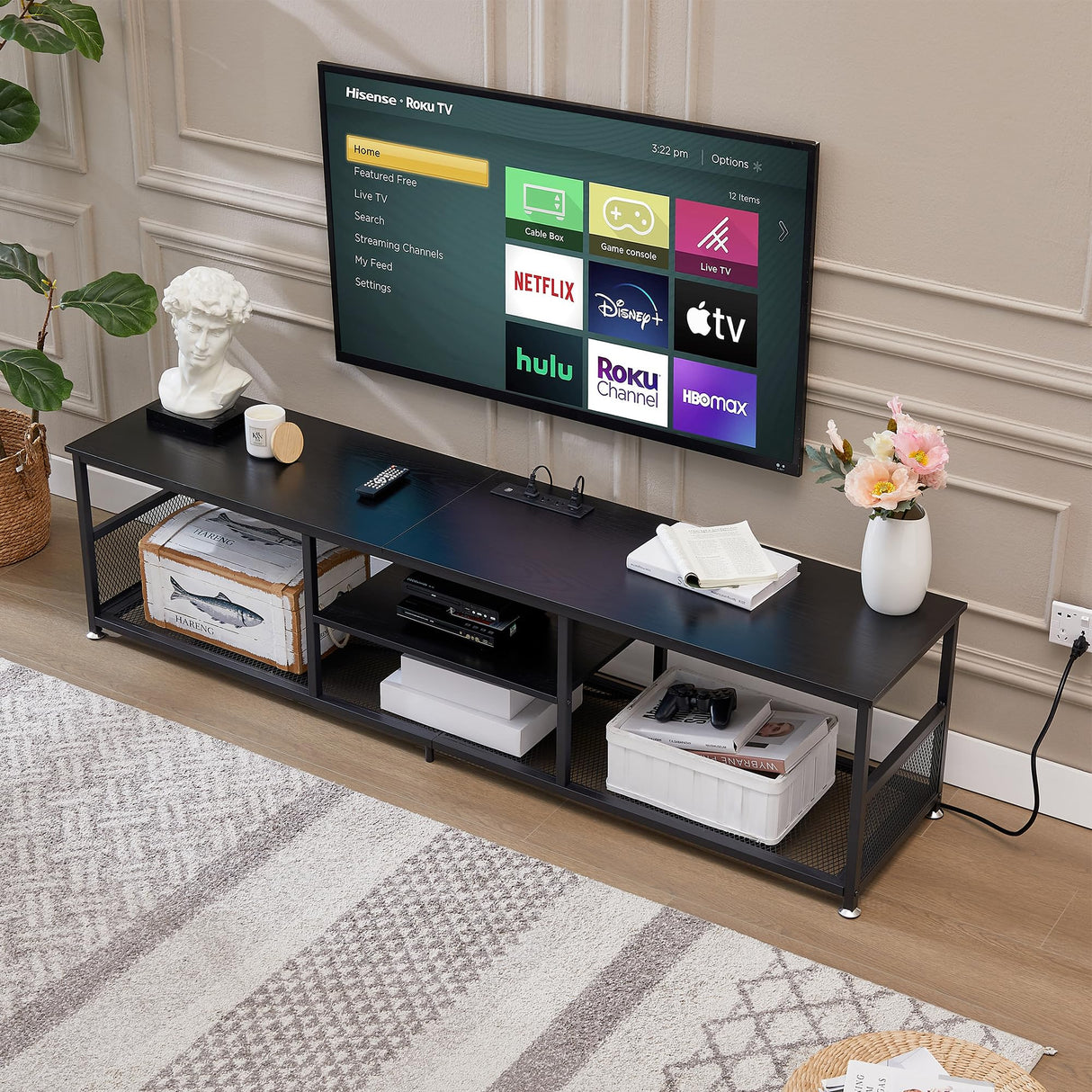 VECELO TV Stand with Power Outlets for Televisions up to 80Inch, 70" Media Entertainment Center with Charging Station 3-Tier Open Storage Shelves with Metal Frame for Living Room/Bedroom，Black VECELO