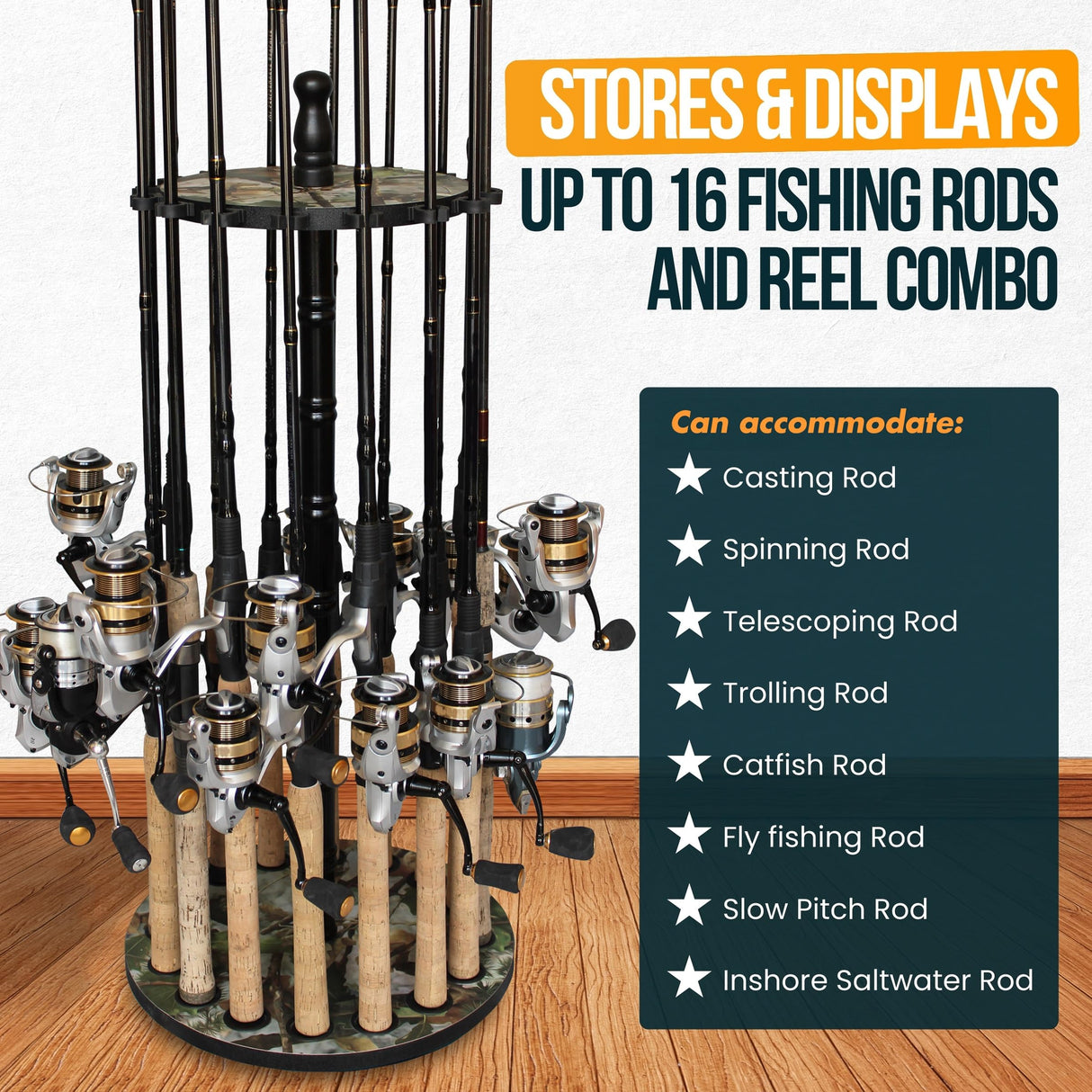 Rush Creek Creations 16-Rod Round Fishing Rod Holder for Garage, 360° Access Fishing Pole Holder for Fishing Rods, Reels, and Gear, Securely Holds 16 Rods, Camouflage Rush Creek Creations
