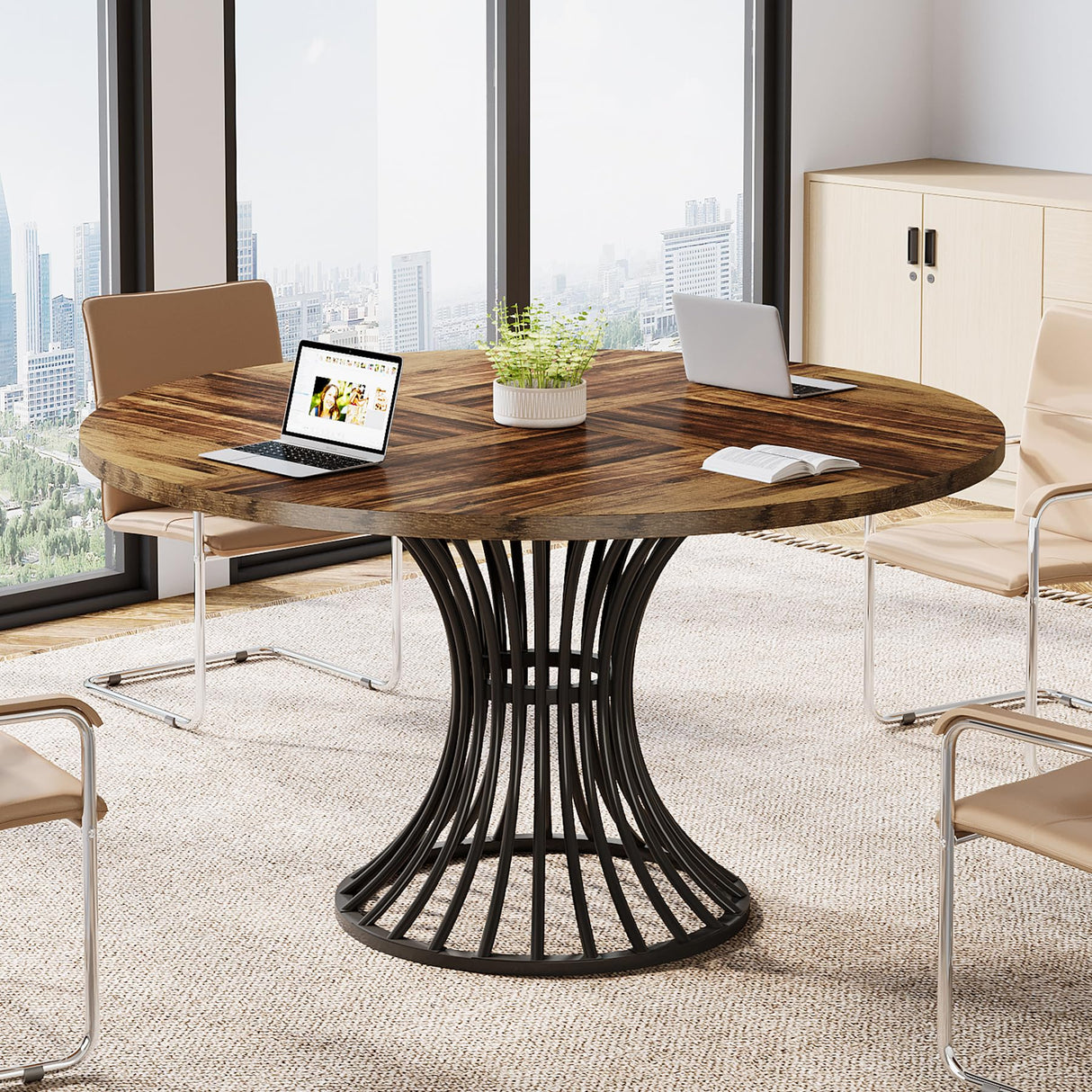 Tribesigns Round Conference Table for 4-6, 47-Inch Conference Room Table with Thickened Tabletop and Metal Base, Industrial Meeting Table for Office Meeting Room, Rustic Brown Tribesigns