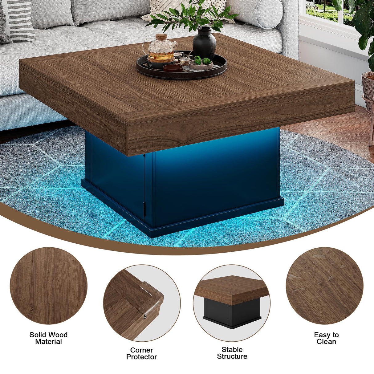 LED Coffee Tables for Living Room, 33.5" Square Center Table with Storage & Hidden Shelf, Large Modern Coffee Table Desk with RGB Lights, Living Room Tables Cocktail Table, Plug-in Use (Vintage Brown) knoworld