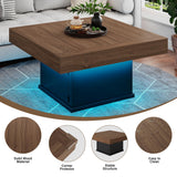 LED Coffee Tables for Living Room, 33.5" Square Center Table with Storage & Hidden Shelf, Large Modern Coffee Table Desk with RGB Lights, Living Room Tables Cocktail Table, Plug-in Use (Vintage Brown) knoworld