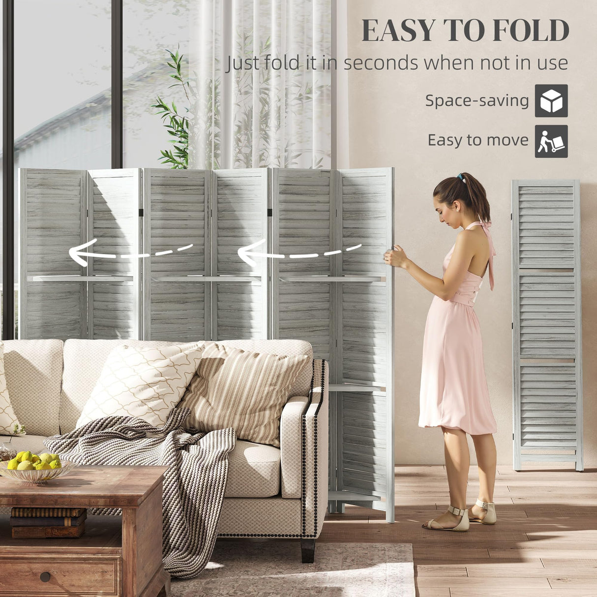 HOMCOM Room Divider, 6 Panel 67" Tall Wood Privacy Screen with 3 Display Shelves, and Folding Storage for Bedroom or Home Office, Distressed White HOMCOM