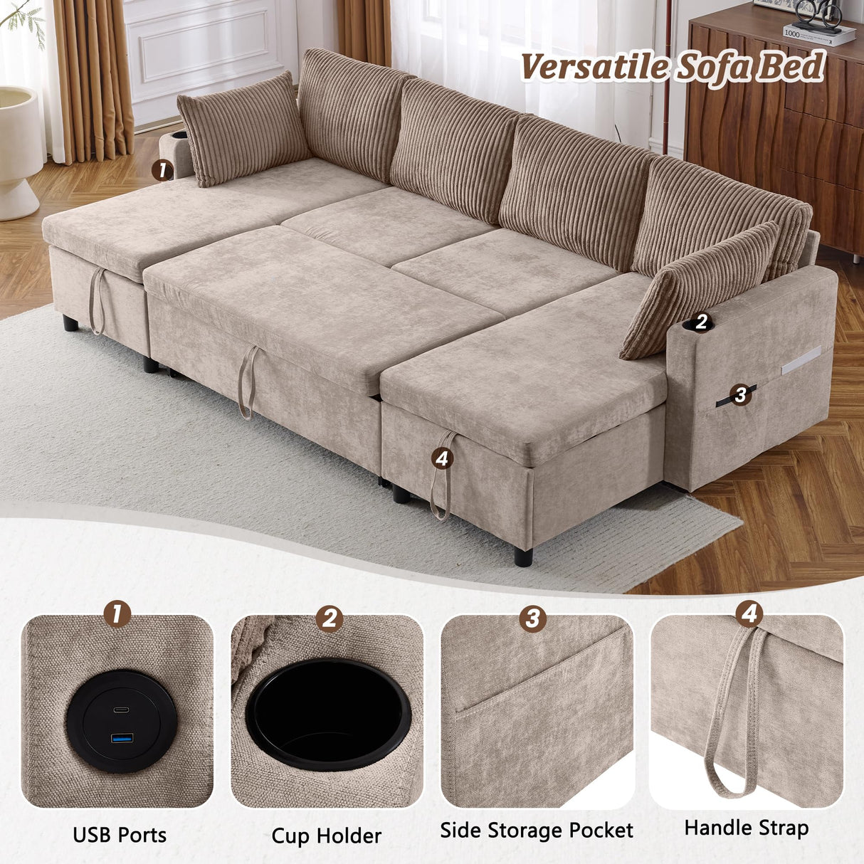 ZEIINPA 111.8" Chenille Pull Out Couch Sleeper with Double Storage Chaise, U Shaped Convertible Sectional Sleeper Sofa for Living Room with USB Charging Ports, Cup Holder, Corduroy Pillows-Brown ZEIINPA