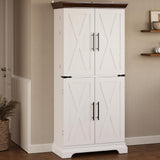 IRONCK Kitchen Pantry Cabinet 72" H, with 9 Shelves, 4 Barn Doors, Drawer, 6 Door Storage Shelves, Farmhouse Freestanding Rustic Wood Cupboard for Kitchen Dining Room White IRONCK