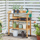 Topeakmart Potting Bench Table w/Metal Tabletop for Garden, Fir Wood Workstation w/3 Tier Shelves, Outdoor Work Bench w/Hook Natural Wood Topeakmart