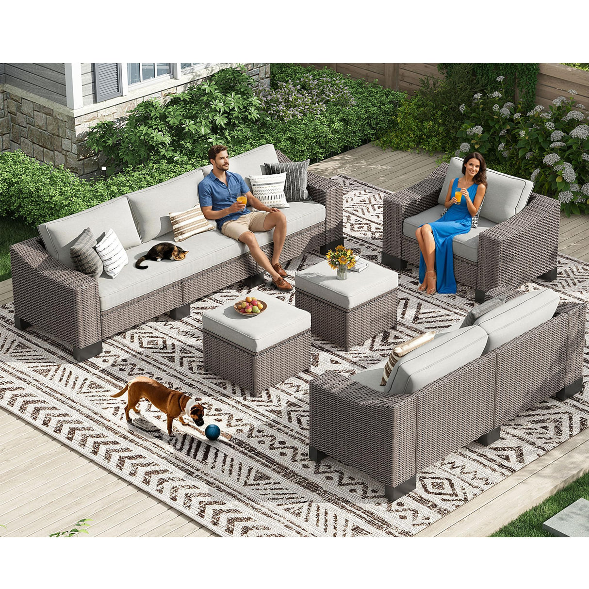 ZIENLIFE Patio Furniture Set, 8 Piece All-Weather PE Wicker Sectional Sofa with 5.9" Wide Armrest, Waterproof Cushions & Ottomans with Modular Outdoor Couch for Backyard, Deck, Garden ZIENLIFE