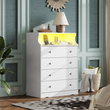 WLIVE White LED Dresser for Bedroom, Tall Wood Dresser with 4 Drawers and Open Shelf, Chest of Drawers with Charging Station and LED Lights for Living Room, Hallway, Closet WLIVE