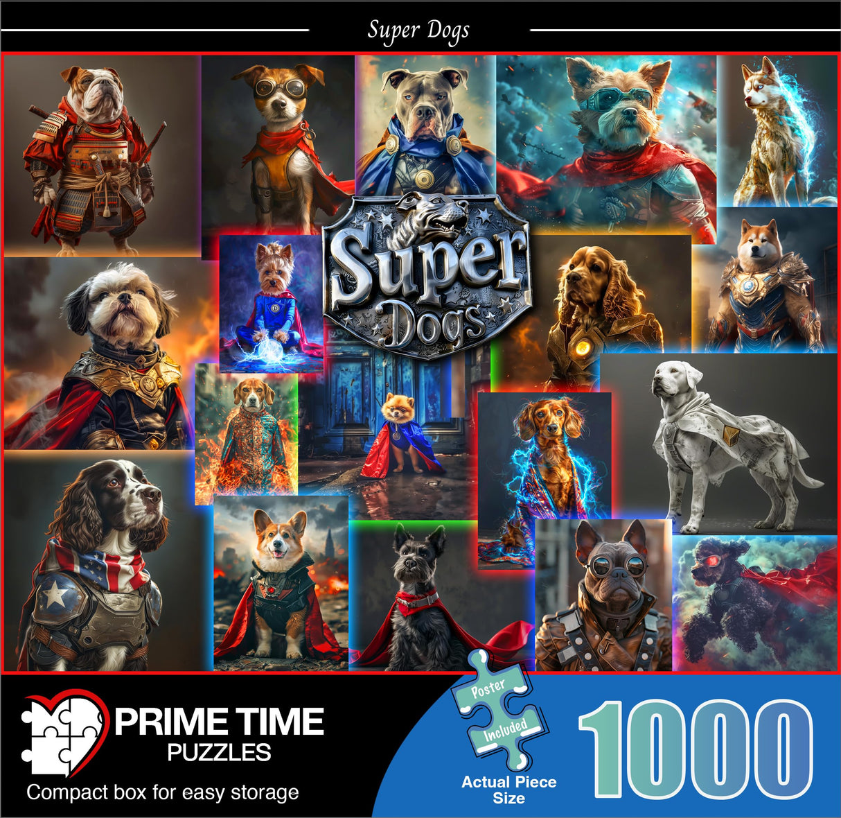 Funny Superhero Dog Puzzle - 1000 Piece Collage Jigsaw Puzzle - Precision Cut Vibrant, Glare-Free Imagery | Great for Adults & Kids - Cute and Colorful Puzzle for Family Game Nights (Super Dogs) Prime TIme Puzzles