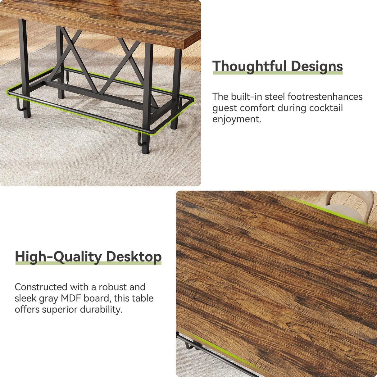 LITTLE TREE 63-Inch Industrial Bar Table with Metal Footrest, Counter Height Pub Table for Kitchen, Home Bar & Entertaining (Brown) LITTLE TREE