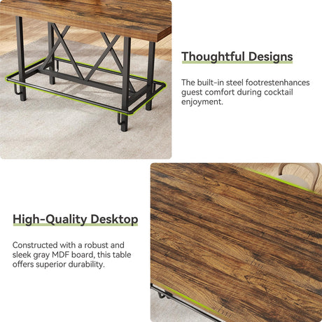 LITTLE TREE 63-Inch Industrial Bar Table with Metal Footrest, Counter Height Pub Table for Kitchen, Home Bar & Entertaining (Brown) LITTLE TREE