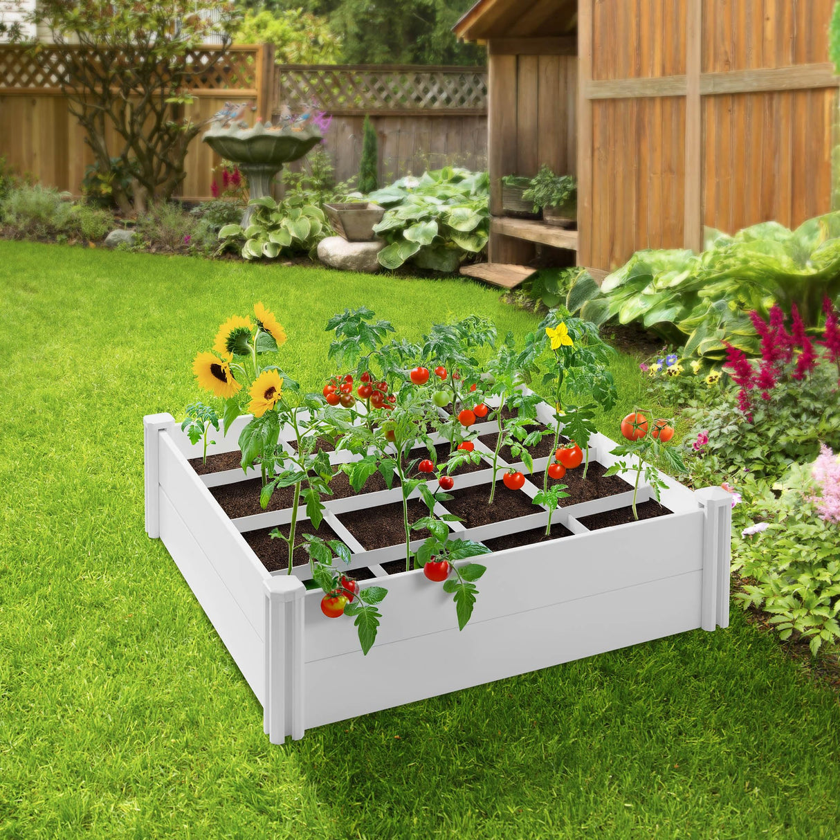 Casafield 4' x 4' x 12" White Vinyl Raised Garden Bed with Grid System, Outdoor Above Ground Planter Box for Flowers, Vegetables, and Gardening Casafield