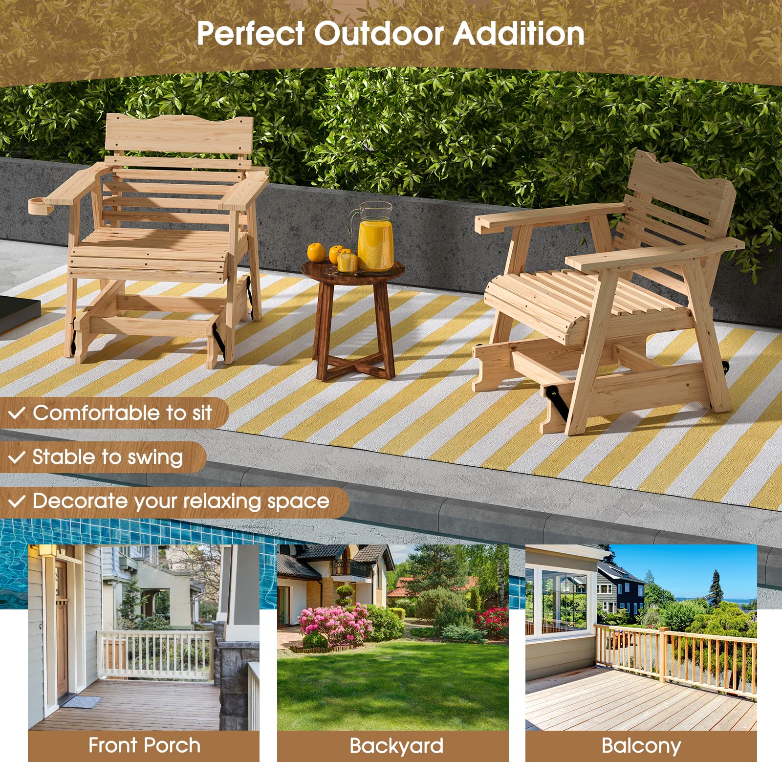 HAPPYGRILL Wood Patio Rocking Glider Chair, Outdoor Glider Chair with Hidden Cup Holder, Ergonomic Fir Wood Rocker for Front Porch Backyard Balcony - WoodArtSupply