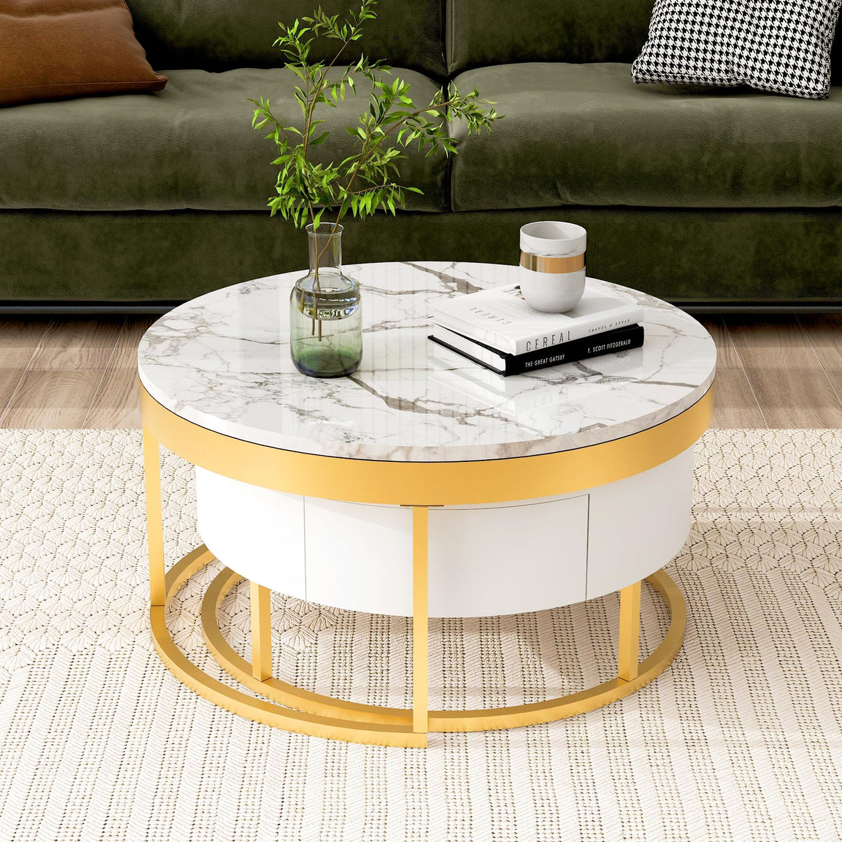Modern Round Nesting Coffee Table with Drawers for Living Room in White Flieks