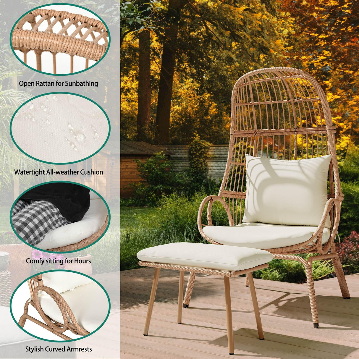 YITAHOME Outdoor Wicker Egg Chair with Ottoman, Indoor Patio Basket Lounge Chair with Footrest, All-Weather Rattan Egg-Shaped Chair with 5 Cushions, Beige YITAHOME