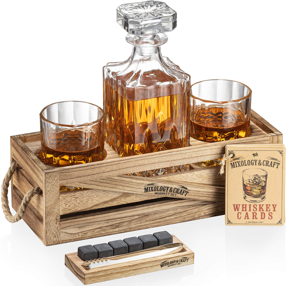 Mixology & Craft Whiskey Stones Set - Decanter, Whiskey Glasses & Wood Stand with 6 Granite Chilling Stones and 10oz Glasses - Whiskey Decanter Set for Men, Dad, Husband, Boyfriend Mixology & Craft