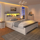 EnHomee Full Size Bed Frame with Headboard, Full Bed Frame with 4 Drawers Charging Port & LED, Farmhouse Bed Full Built in Charging Station,No Box Spring Needed,NO Noise,White with Grain Marks EnHomee