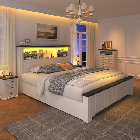 EnHomee Full Size Bed Frame with Headboard, Full Bed Frame with 4 Drawers Charging Port & LED, Farmhouse Bed Full Built in Charging Station,No Box Spring Needed,NO Noise,White with Grain Marks EnHomee