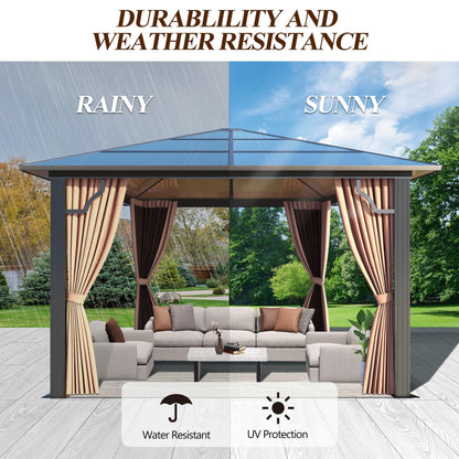 GARTOO 10' x 10' Polycarbonate Hardtop Gazebo - Sunroom Aluminum Frame Permanent Pavilion with Double Curtains for Garden, Lawn, Outdoor Party, Backyard Deck