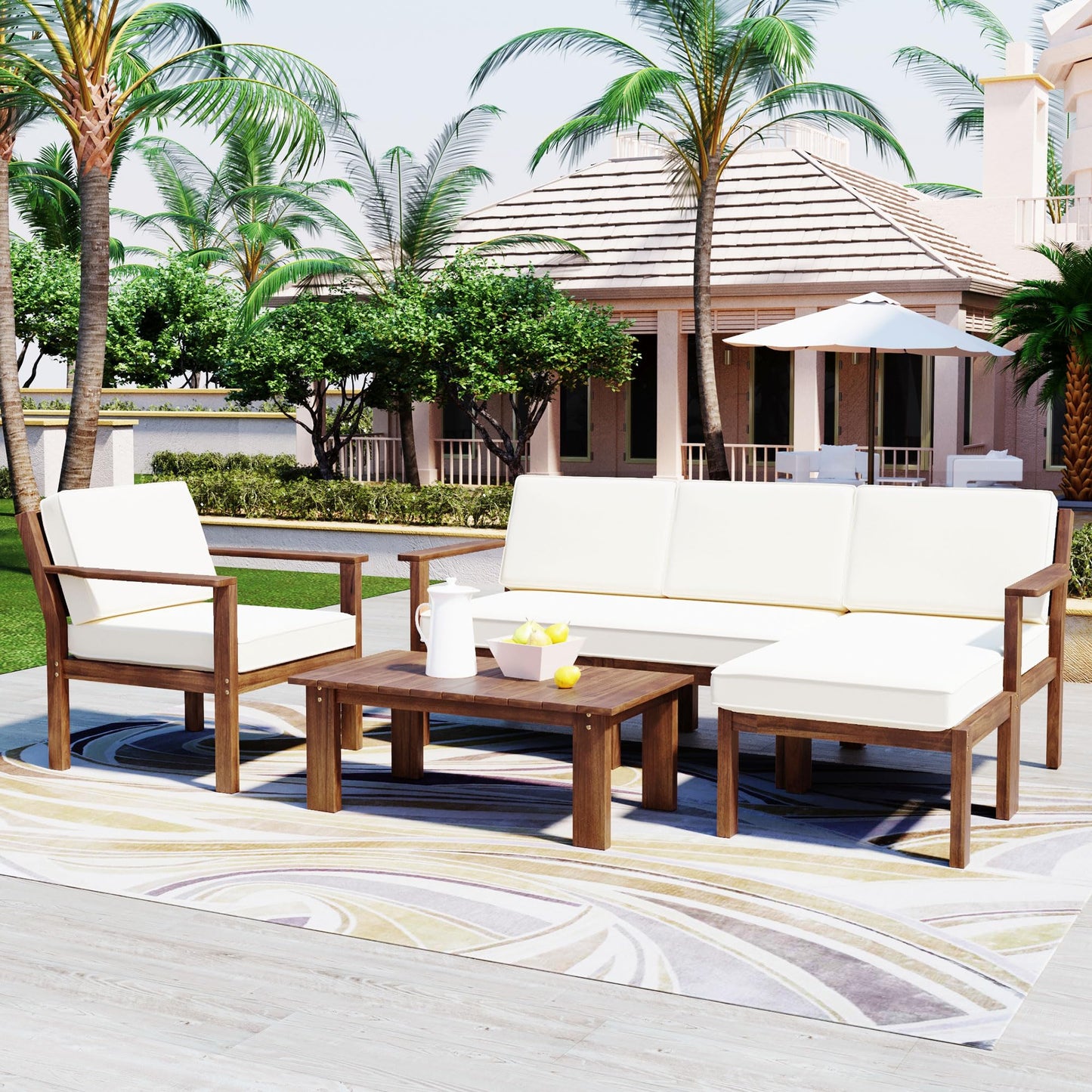 XD Designs Acacia Wood Patio Multi-Person Sofa Set with Coffee Table and Removable Cushion, All-Weather Conversation Set Outdoor Seating for Garden Backyard Poolside (Beige-UX)