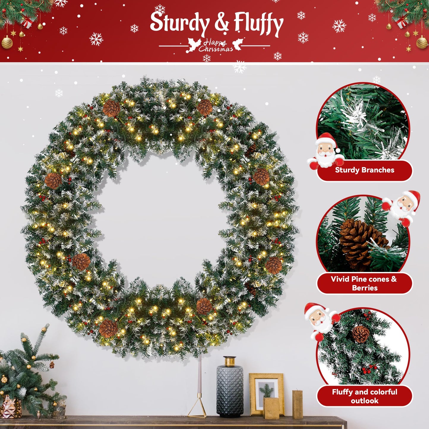 Prelit Christmas Wreath with 220 Warm White LED Lights, Outdoor Christmas Wreath Artificial Lighted Winter Wreath with 630 Pvc Tips Vivid Pine Cones and Berry Clusters, Large 60 Inches Scattered White