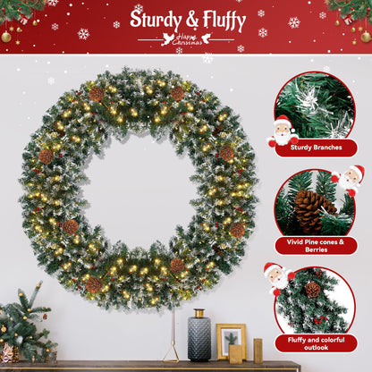 Prelit Christmas Wreath with 220 Warm White LED Lights, Outdoor Christmas Wreath Artificial Lighted Winter Wreath with 630 Pvc Tips Vivid Pine Cones and Berry Clusters, Large 60 Inches Scattered White