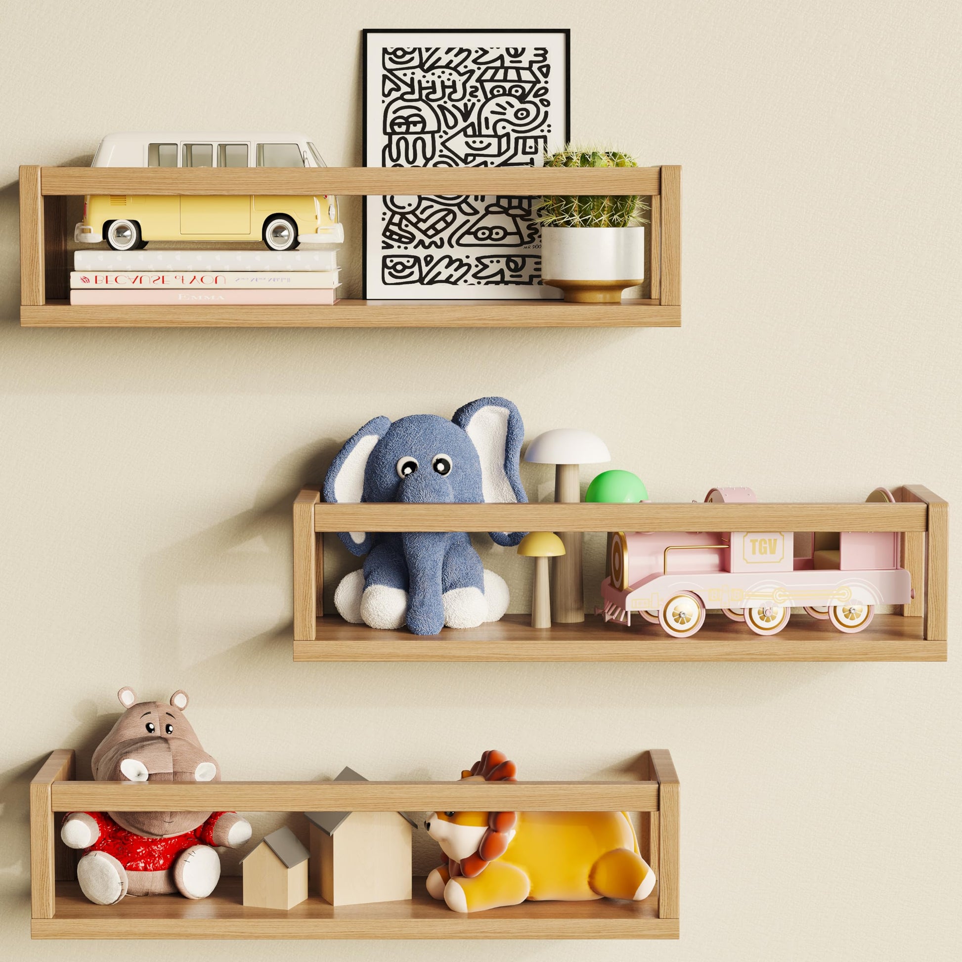 TidyCorner Natural Wood Floating Shelves Set of 3 for Kids Room, Nursery & Kitchen Organisation - WoodArtSupply