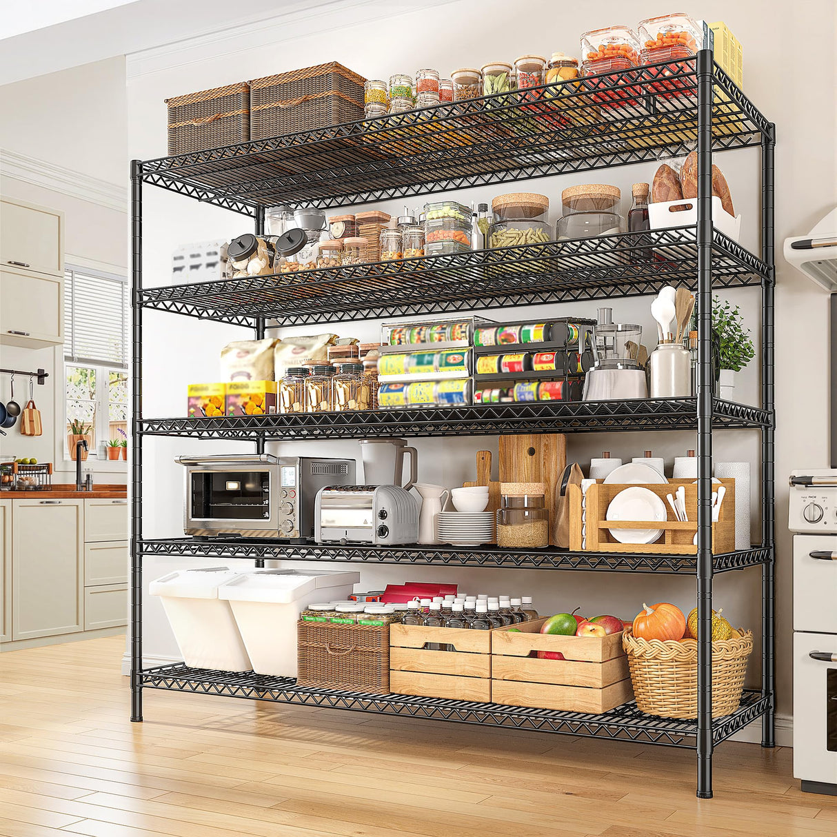 REIBII 55.5" W Storage Shelves 3200LBS Metal Shelving 5 Tier Wire Shelving Unit Garage Shelving Heavy Duty Metal Shelves for Storage Rack Commercial Adjustable Pantry Shelf, 55.5" W X 18''D X 71" H REIBII