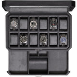 ROTHWELL 12 Slot Leather Watch Box with Valet Drawer - Luxury Watch and Jewelry Case Display Organizer, Microsuede liner, Mens Locking Storage Holder Large Glass Top (Black/Grey) ROTHWELL