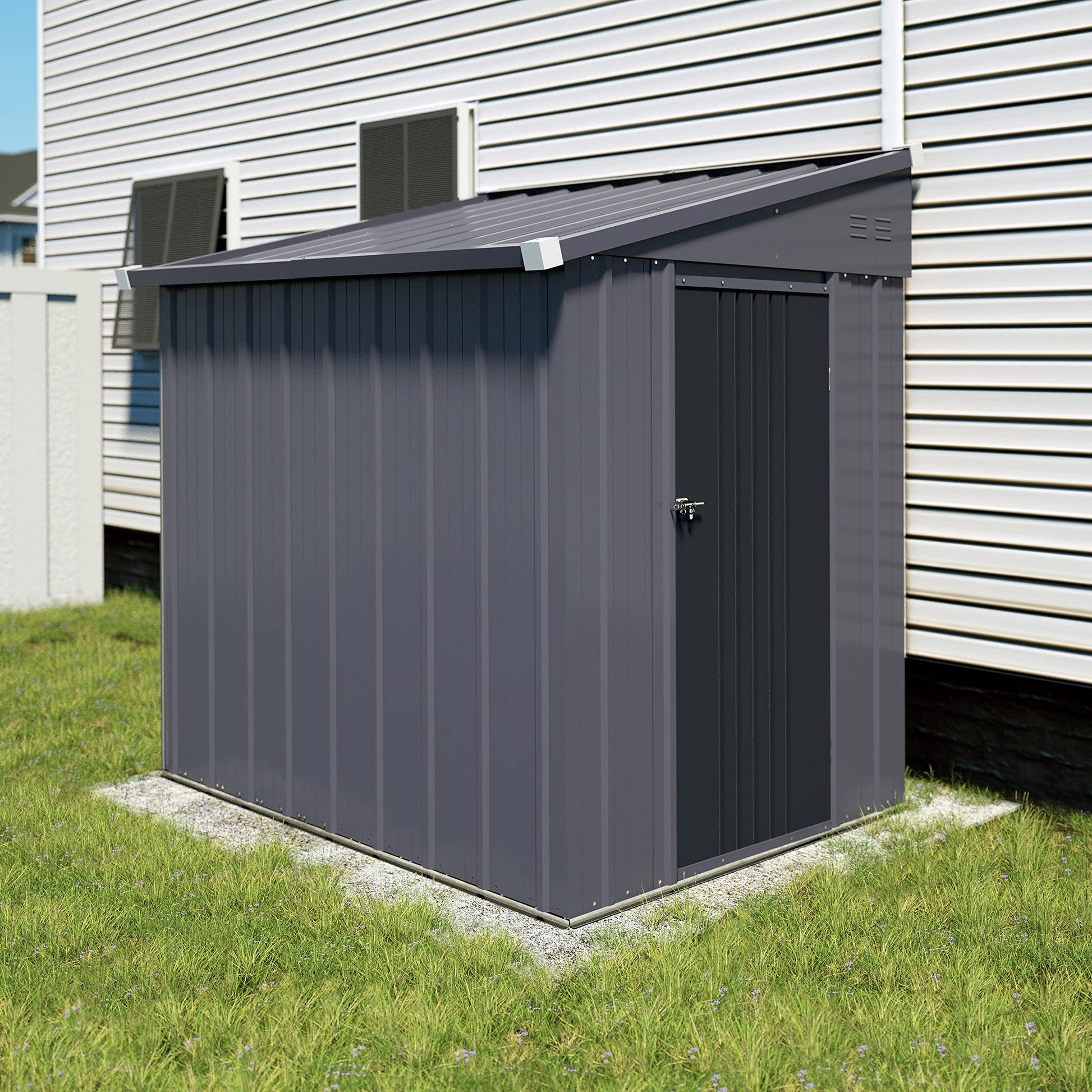 VEIKOU 4' x 8' Outdoor Storage Shed, Lean-to Shed Kit with Thickened Galvanized Steel, Small Metal Shed with Lockable Door, Patio Garden Tools Shed Utility Bike Storage w/Air Vents, Grey & Bl - WoodArtSupply