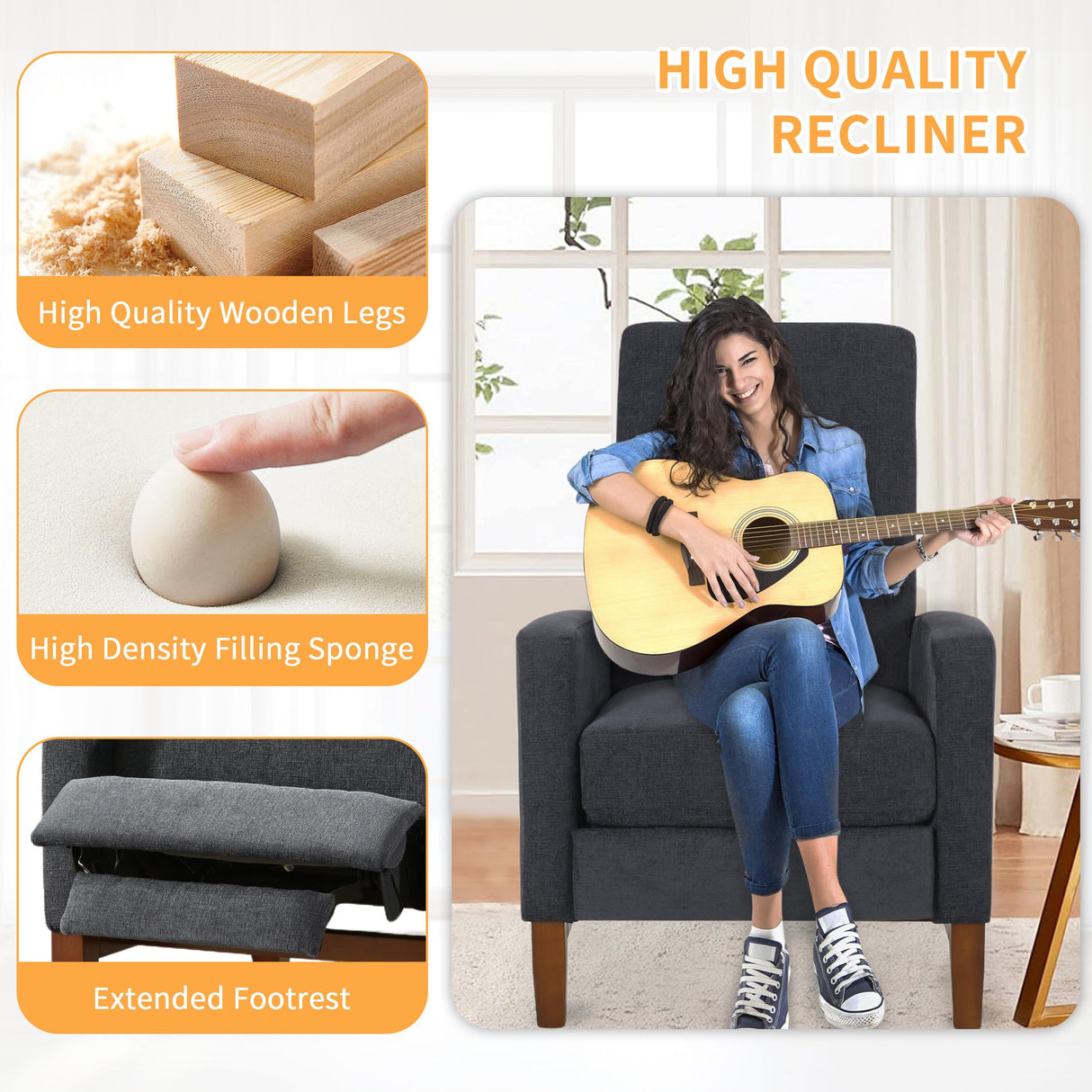 QKFF Push Back Recliner Chair, Adjustable Modern Reclining Chair with Solid Wood Legs Thick Seat Cushion and Backrest Small Recliners for Small Spaces Living Room QKFF