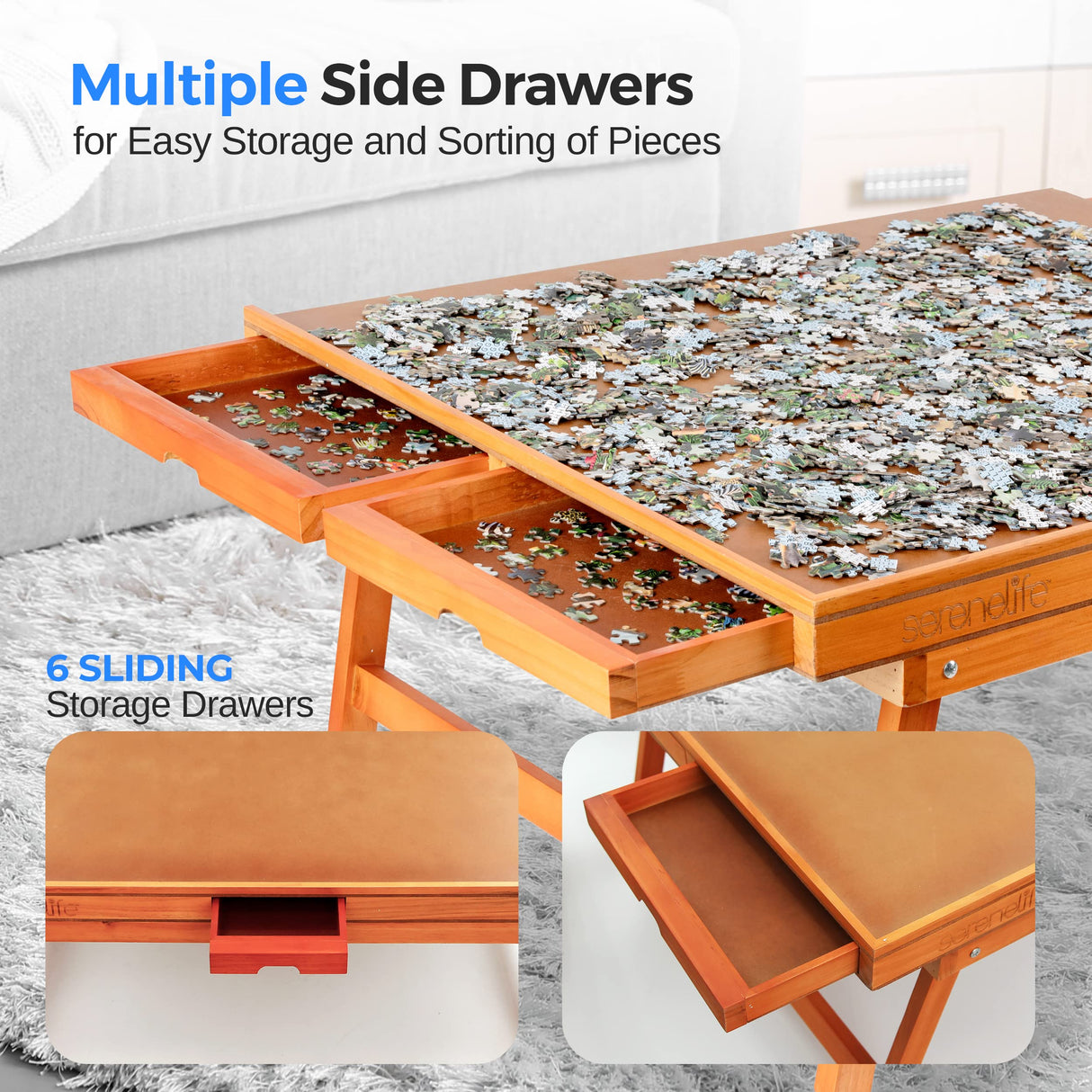 SereneLife Wooden Jigsaw Puzzle Table with 6 Removable Sliding Storage Drawers and Foldable Legs, Smooth Plateau Fiberboard Work Surface and Reinforced Hardwood, for Games and Puzzles, Kids&Adults SereneLife