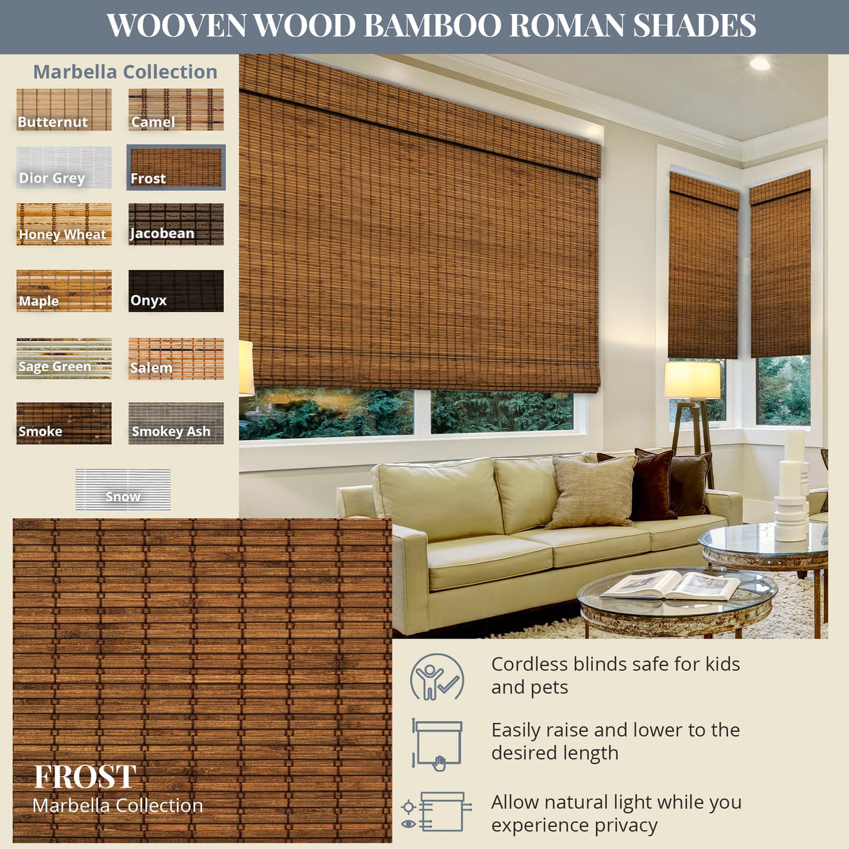 CHICOLOGY Bamboo Roman Shades - Smart Choice Eco-Friendly Light Filtering Blinds for Windows, Premium Quality, Ideal for Home, Frost, 33" W X 64" H CHICOLOGY