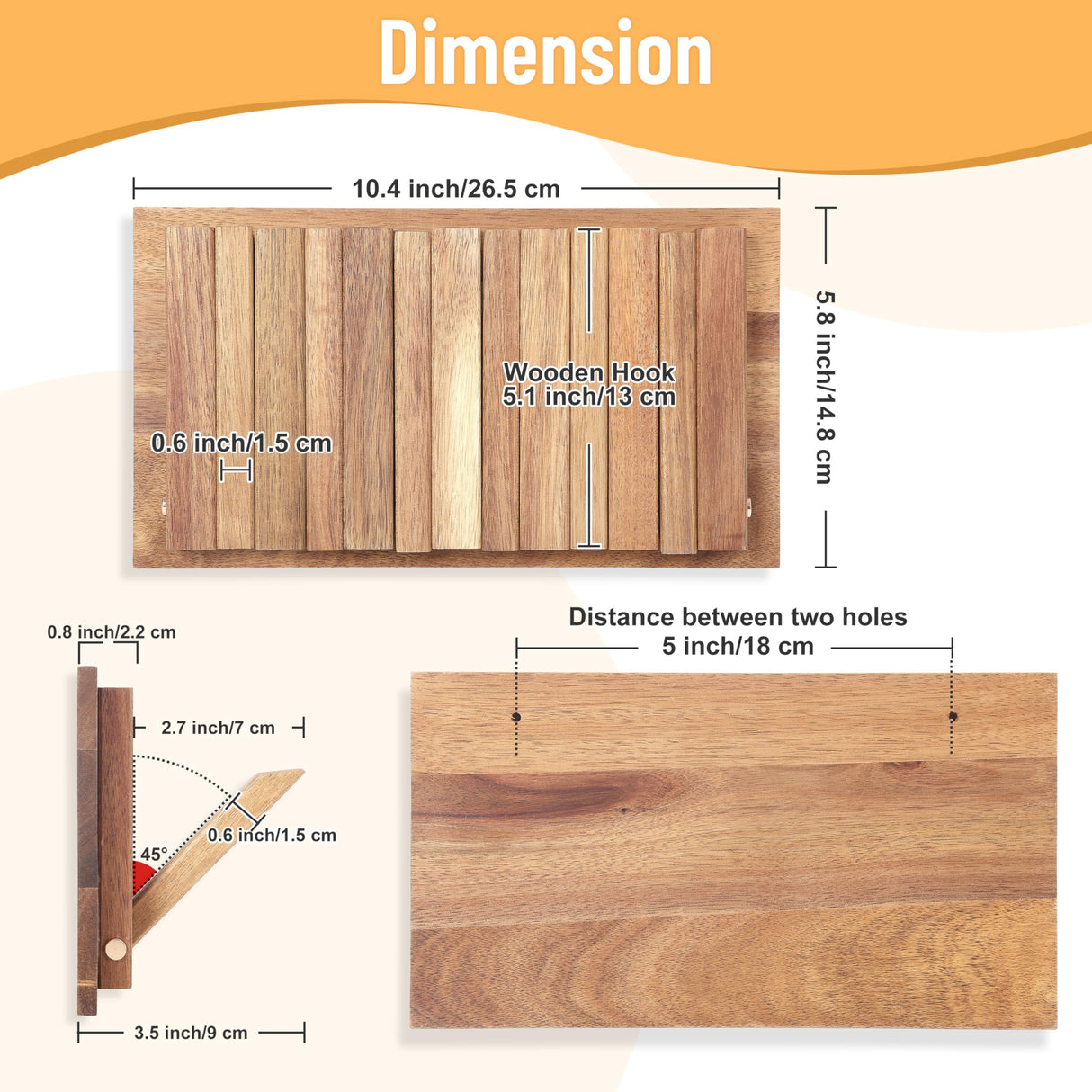 KYIAANY Coat Rack Wall for Farmhouse: Wood Rustic 6 Hooks Mount 10.4inch Retractable Wall Mounted for Small Spaces Entryway Hallway Bathroom for Hanging Jacket Towel Backpack Bag KYIAANY
