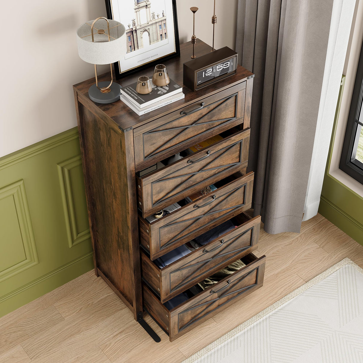 Maupvit 5 Drawers Dresser for Bedroom，Farmhouse Tall Wooden Dresser & Chests of Drawers，Large Storage Organizer for Closet, Hallway, Entryway，Living Room (Brown) Maupvit