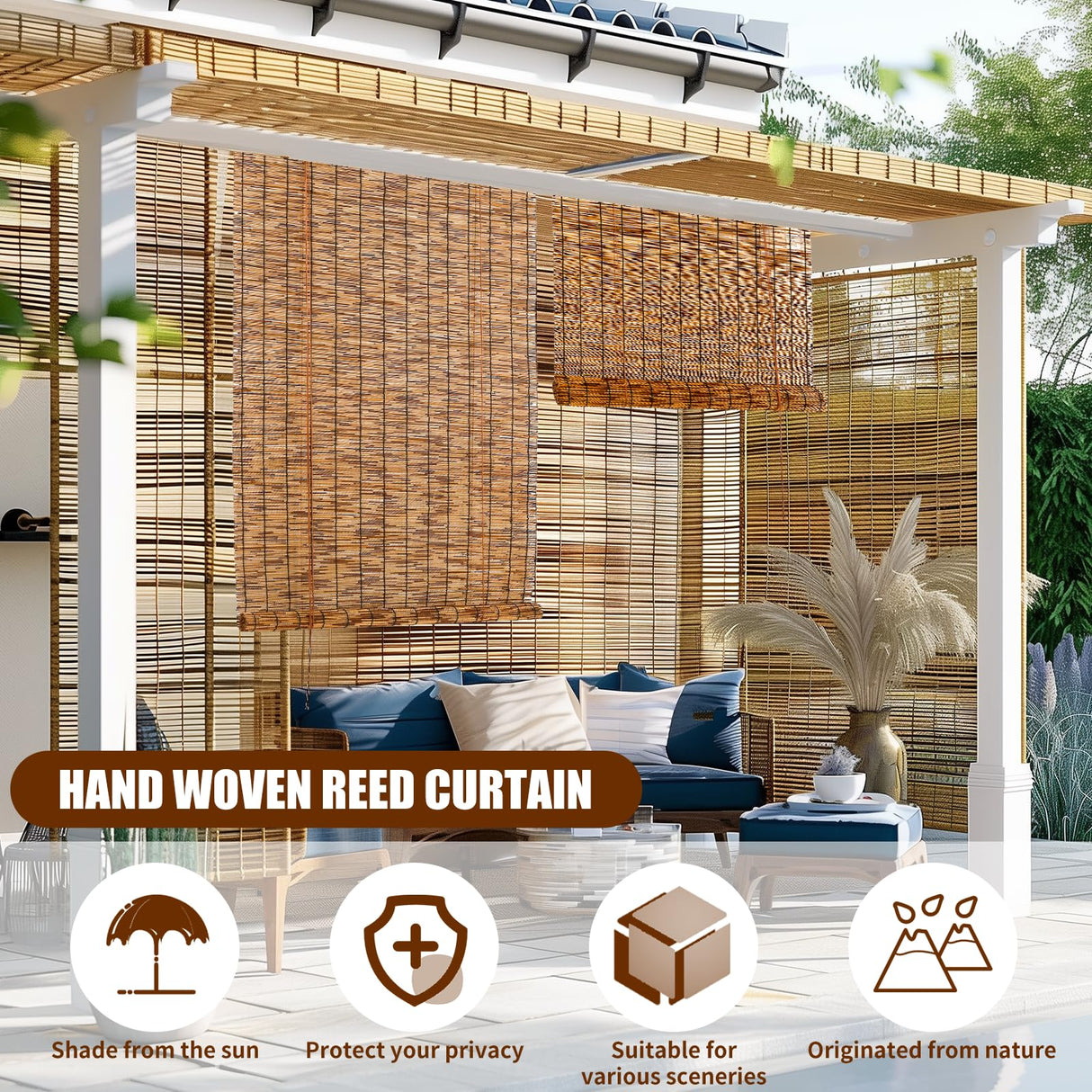 CSBWDLT Reed Roller Blinds Shades, Vertical Lifting and Breathable Waterproof Design, Sun Shade and Ventilation, Easy Installation,24" Wx64 H CSBWDLT