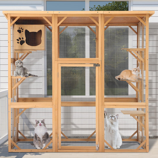 Decomax Catio Cat House Cage Enclosure, Outdoor/Indoor Wooden Cat Enclosures with Separate Cat Kennel, 5 Large Platforms and Waterproof Asphalt Roof for Patio, Backyard (Burlywood) - WoodArtSupply