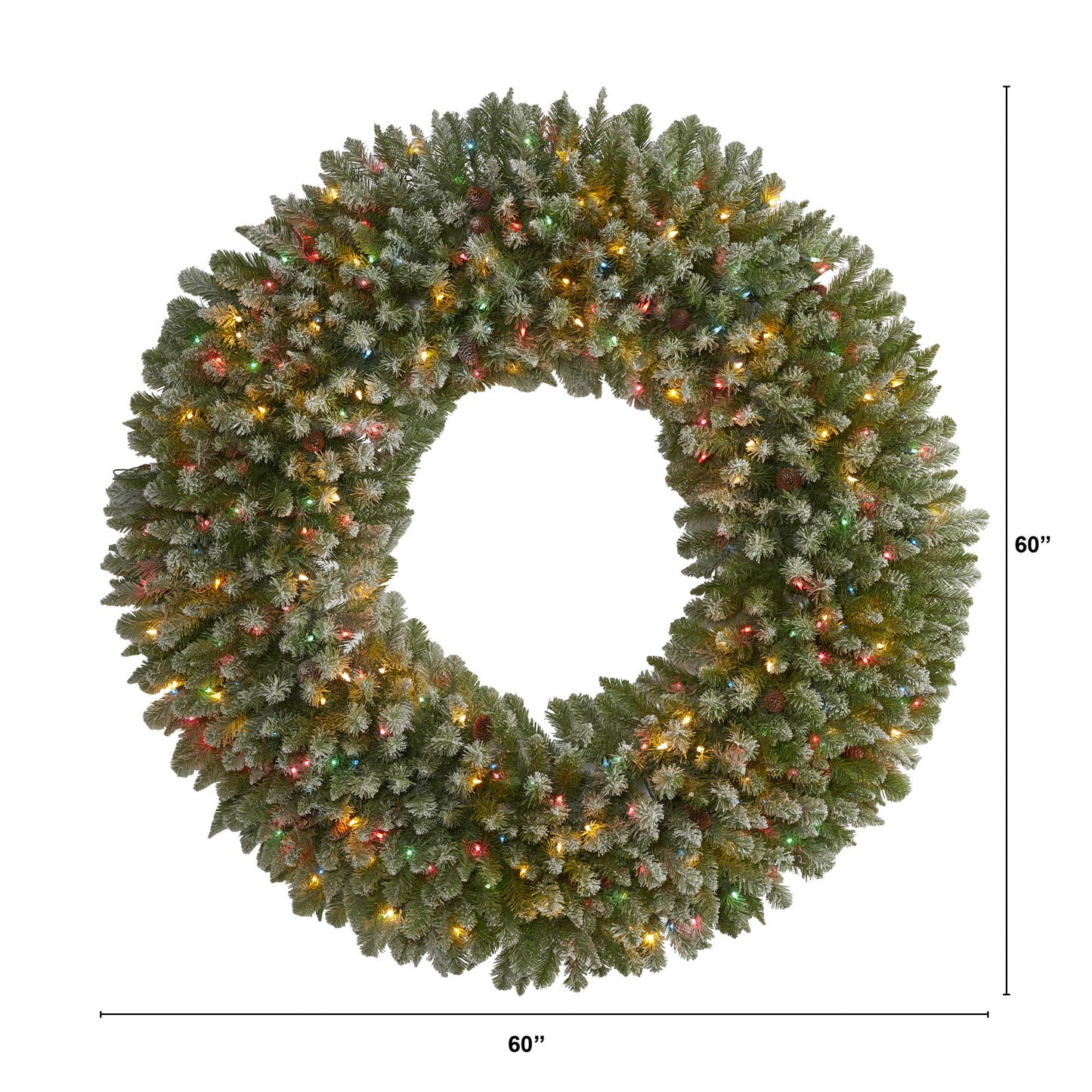 Nearly Natural 5ft. Giant Flocked Artificial Christmas Wreath with 280 Multicolored Lights and Pine Cones