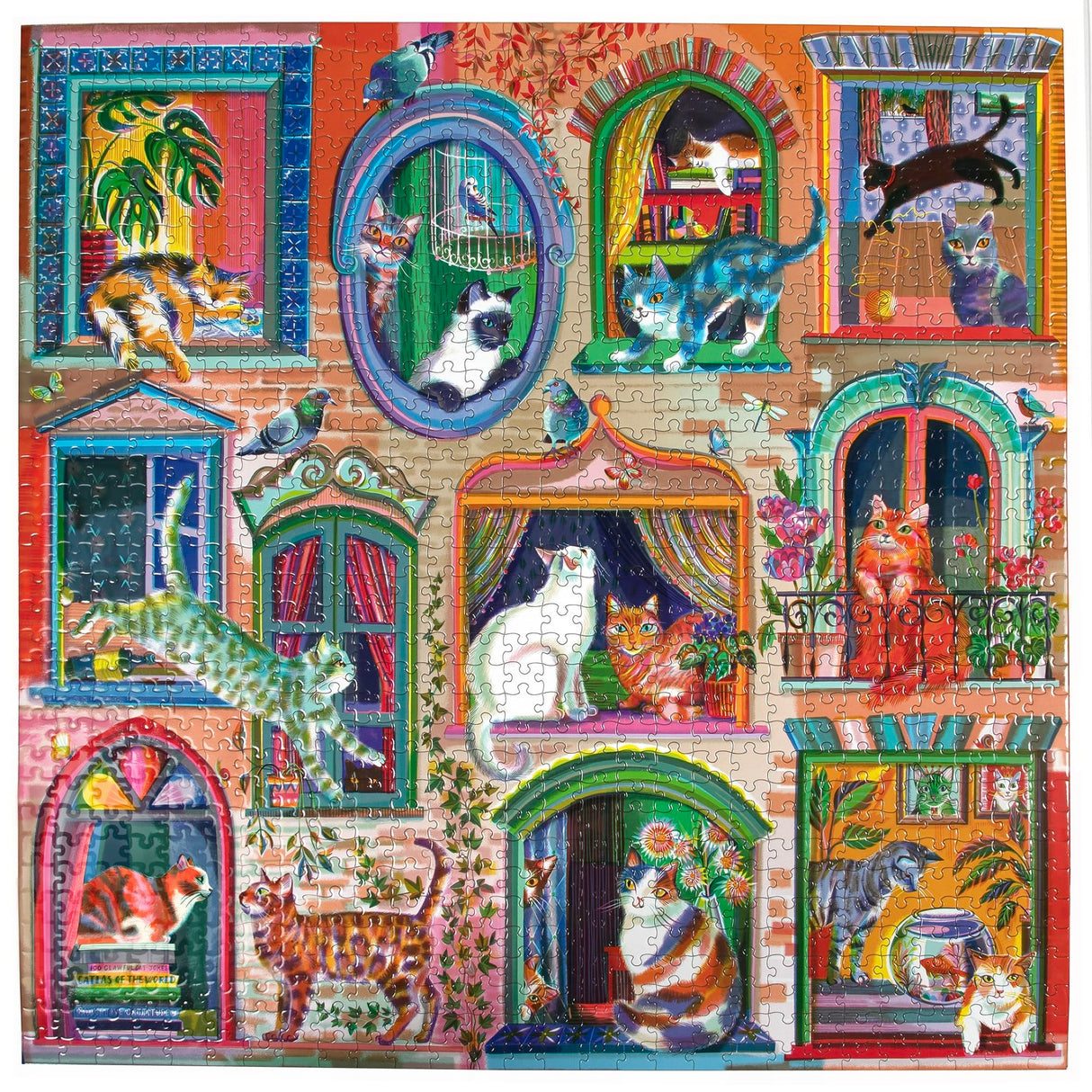 eeBoo Piece & Love: Cats in Window - 1000 Piece Puzzle - Adult Square Jigsaw, 23x23, Includes Image Reference Insert, Glossy Pieces eeBoo