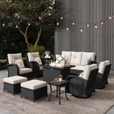 LayinSun 10 Pieces Outdoor Patio Furniture Set with Fire Pit Table, Rattan Wicker Sectional Swivel Rocker Chairs Sets LayinSun